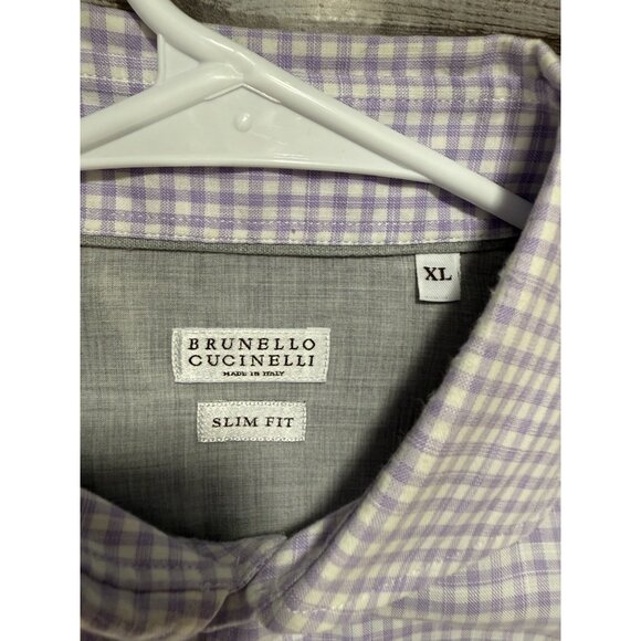 Brunello Cucinelli Plaid Button Down Dress Shirt sz Large color purple white - Picture 2 of 6